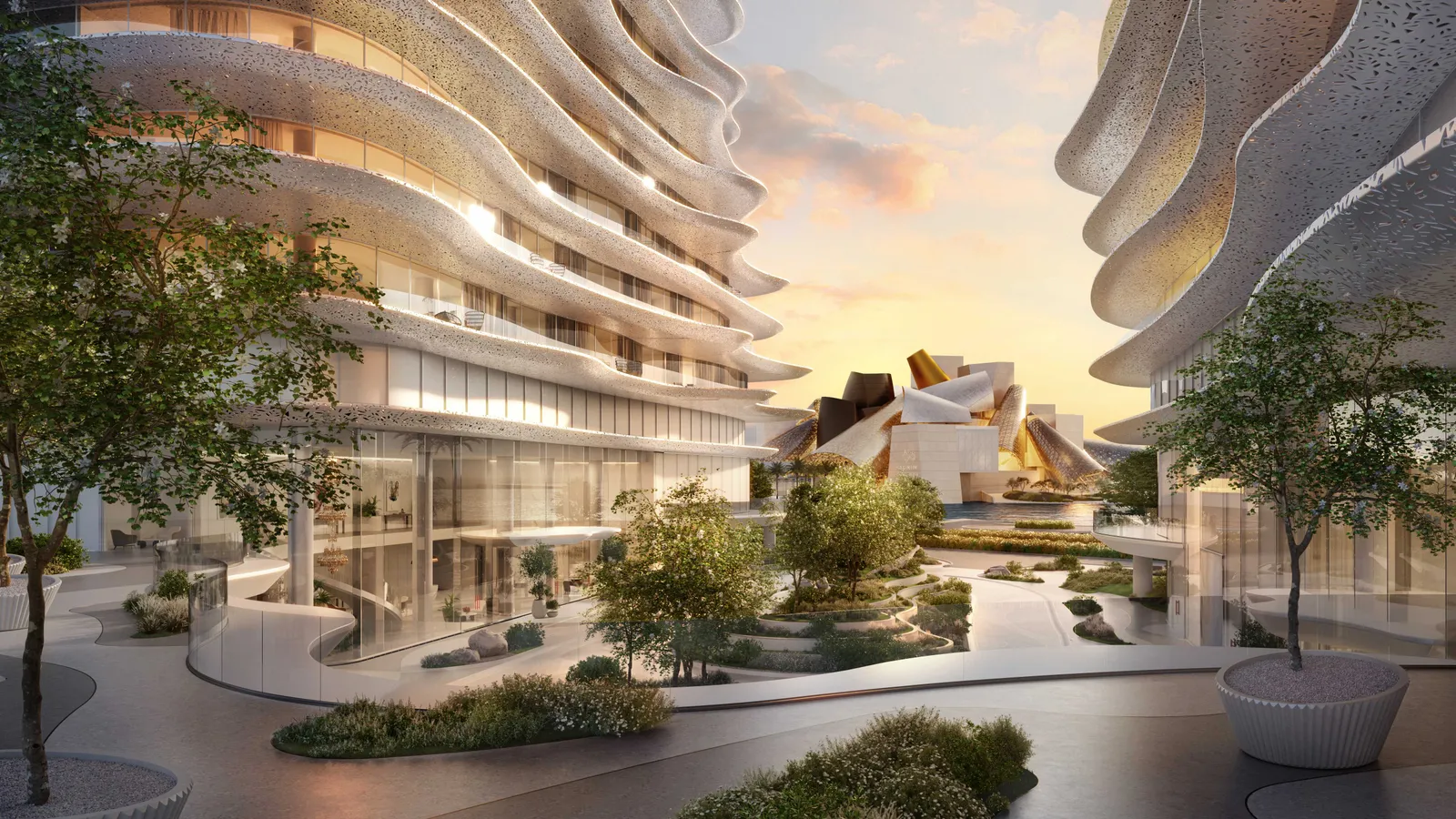Close view of Baccarat’s sculpted façades and landscaped courtyard, developer render